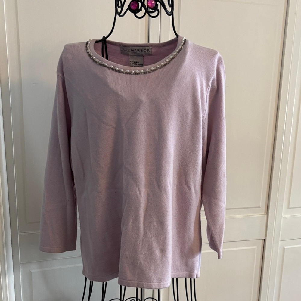 Sag Harbor Lavender Long Sleeve Top with Pearl Accent